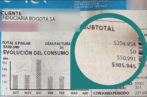 Factura Enel antes del sistema, cuenta a nombre de Fiduciaria Bogotá: total a pagar $329.340, consumo de 297 kWh. Dirección y cuenta difuminadas.
