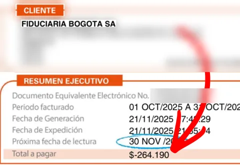 Factura Enel de octubre de 2025, misma cuenta: total a pagar $-264.190, es decir, saldo a favor. Dirección y cuenta difuminadas.