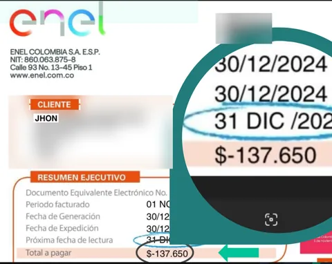 Factura Enel expedida el 30 de diciembre de 2024 a nombre de Jhon: total a pagar $-137.650, es decir, saldo a favor. Apellidos, dirección y cuenta difuminados.